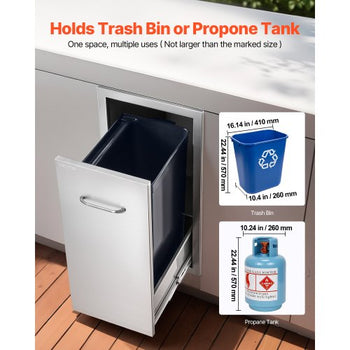 Outdoor Kitchen Trash Drawer, 13.54"W x 19.61"D x 25.79"H Interior Storage, Multi-Purpose Outdoor Kitchen Drawers Stainless Steel, 55 lbs Max Capacity per Tier, for Outdoors BBQ Island Kitchens