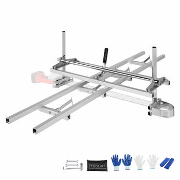 Aluminum track saw guide system with accessories, silver finish, precise cuts for woodworking and DIY projects.