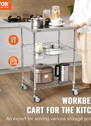 Kitchen Utility Cart, 3 Tiers, Wire Rolling Cart with 470LBS Capacity, Steel Service Cart on Wheels, Metal Storage Trolley with 76mm Basket Curved Handle PP Liner 6 Hooks, for Indoor and Outdoor