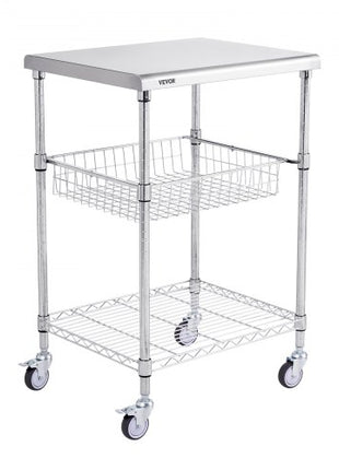 Kitchen Utility Cart, 3 Tiers, Wire Rolling Cart with 470LBS Capacity, Steel Service Cart on Wheels, Metal Storage Trolley with 76mm Basket Curved Handle PP Liner 6 Hooks, for Indoor and Outdoor
