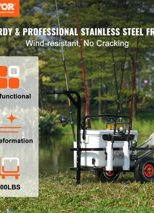 Beach Fishing Cart, 200 lbs Load Capacity, Fish and Marine Cart with Two 11" Big Wheels Rubber Balloon Tires for Sand, Heavy-Duty Steel Pier Wagon Trolley with 7 Rod Holders for Fishing, Picnic