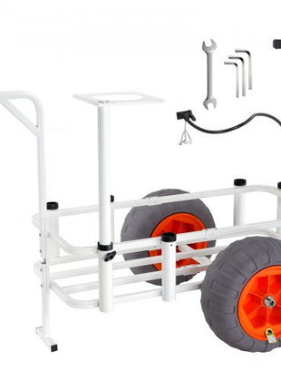 Beach Fishing Cart, 350 lbs Load Capacity, Fish and Marine Cart with Two 16" Big Wheels PU Balloon Tires for Sand, Heavy-Duty Aluminum Pier Wagon Trolley with 8 Rod Holders for Fishing, Picnic