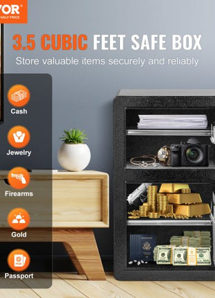 Double Doors 3.5 cu.ft Safe Box with Key Lock & Password, Safe Lock Box with Fireproof Bag, Key Rack, LED Light and 2 Height Adjustable and Removable Divider for Money, Documents, Jewelry and Valuables, Black