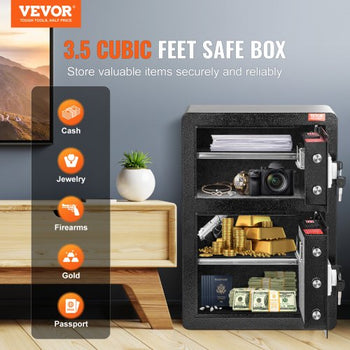 Double Doors 3.5 cu.ft Safe Box with Key Lock & Password, Safe Lock Box with Fireproof Bag, Key Rack, LED Light and 2 Height Adjustable and Removable Divider for Money, Documents, Jewelry and Valuables, Black