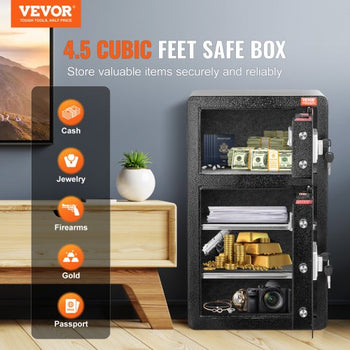 Double Doors 4.5 cu.ft Safe Box with Key Lock & Password, Safe Lock Box with Fireproof Bag, Key Rack, LED Light and 2 Height Adjustable and Removable Divider for Money, Documents, Jewelry and Valuables, Black