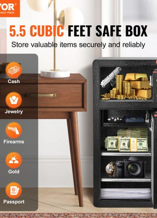 Double Doors 5.5 cu.ft Safe Box with Key Lock & Password, Safe Lock Box with Fireproof Bag, Key Rack, LED Light, 2 Height Adjustable and Removable Divider and 1 Cabinet for Money, Documents, Jewelry and Valuables, Black