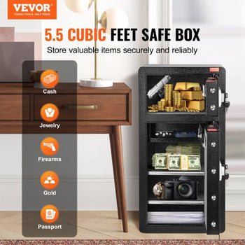 Double Doors 5.5 cu.ft Safe Box with Key Lock & Password, Safe Lock Box with Fireproof Bag, Key Rack, LED Light, 2 Height Adjustable and Removable Divider and 1 Cabinet for Money, Documents, Jewelry and Valuables, Black
