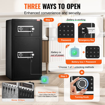 Double Doors 5.5 cu.ft Safe Box with Key Lock & Password, Safe Lock Box with Fireproof Bag, Key Rack, LED Light, 2 Height Adjustable and Removable Divider and 1 Cabinet for Money, Documents, Jewelry and Valuables, Black