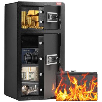 Double Doors 5.5 cu.ft Safe Box with Key Lock & Password, Safe Lock Box with Fireproof Bag, Key Rack, LED Light, 2 Height Adjustable and Removable Divider and 1 Cabinet for Money, Documents, Jewelry and Valuables, Black