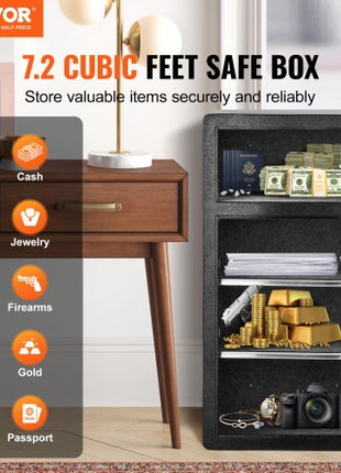 Double Doors 7.2 cu.ft Safe Box with Key Lock & Password, Safe Lock Box with Fireproof Bag, Key Rack, LED Light and 2 Height Adjustable and Removable Divider for Money, Documents, Jewelry and Valuables, Black