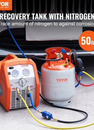 Refrigerant Recovery Tank, 50 LBS Capacity, 400 psi Portable Cylinder Tank with Y-Valve for Liquid/Vapor, High-sealing Recovery Can for R22/R134A/R410A, Orange+Gray