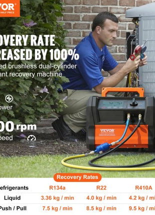 Refrigerant Recovery Machine, 1 HP Dual Cylinder Portable AC Recovery Machine with 3000rpm Brushless Motor, Freon Refrigerant Recycling Tool for Automotive, Air Condition, Household HVAC