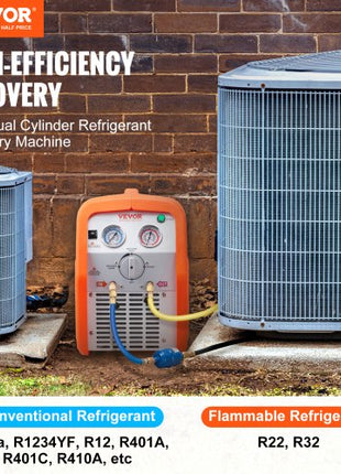 1 HP Refrigerant Recovery Machine - Dual Cylinder Portable AC Recovery Machine with High Pressure Protection 120V 60Hz Recovery Machine HVAC for Vapor Liquid Refrigerant, Car Air Conditioning