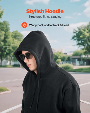 Men Pullover Hoodie, Large Size, Fleece Long Sleeve Comfy Casual Basic Pullover Hooded Sweatshirt, Warm & Skin-friendly, Practical & Trendy, Black Hoodie with Large Pocket for Fall & Winter