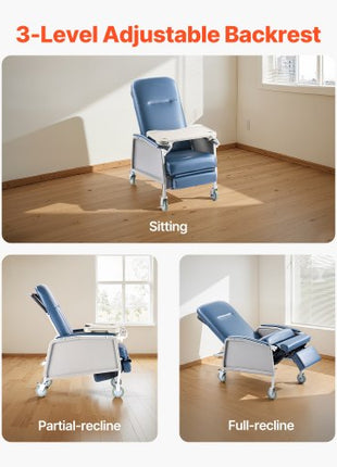 Geri Chair Recliner, 3-Position Reclining Geri Chair, Movable Medical Recliner Chairs with 4 Wheels, Soft Padded Seat & Detachable Tray, Ideal for Hospital, Nursing Home, and Geriatric Home Care