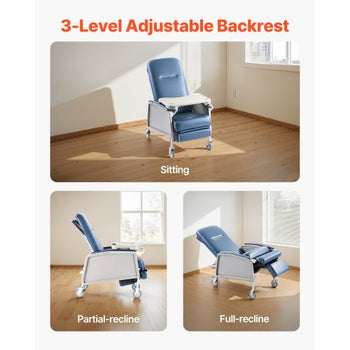 Geri Chair Recliner, 3-Position Reclining Geri Chair, Movable Medical Recliner Chairs with 4 Wheels, Soft Padded Seat & Detachable Tray, Ideal for Hospital, Nursing Home, and Geriatric Home Care