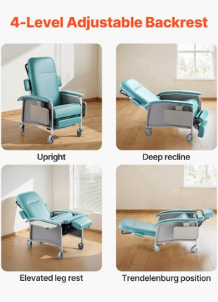 Geri Chair Recliner, 4-Position Reclining Geri Chair, Trendelenburg Medical Recliner Chair with 4 Wheels, Soft Padded Seat & 2 Trays for Hospital, Nursing Home, Geriatric Home Care
