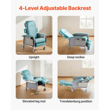 Geri Chair Recliner, 4-Position Reclining Geri Chair, Trendelenburg Medical Recliner Chair with 4 Wheels, Soft Padded Seat & 2 Trays for Hospital, Nursing Home, Geriatric Home Care