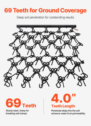 Drag Harrow, 4 x 4 ft Durable Chain Harrow with 69 Sharp Teeth, Suitable for ATV UTV Tractor, Ideal for Soil Preparation, Seeding, Smoothing Landscapes, and Yard Gravel Driveway Maintenance