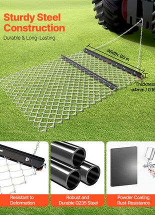 Drag Harrow, 4 x 5 ft Chain Harrow - Made from Q235 Steel, UTV Tractor Attachments for Landscape Leveling or Sod Prepping, Durable Harrow Rake for Gravel Driveway, Farm Field Garden Black