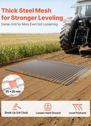 Drag Harrow, 6 x 3 ft, High-Efficiency Chain Harrow Rake, ATVs UTVs Tractors Attachments, Durable Galvanized Steel Mesh Drag Mat with Towing Chain, for Gravel Driveway Ruts Farm Field Leveling