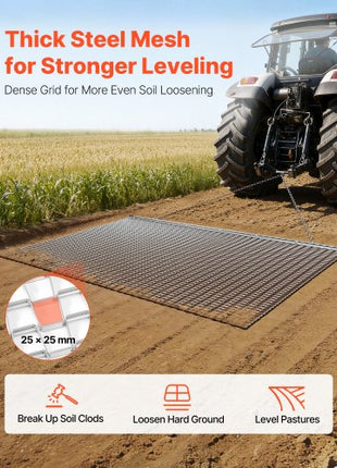 Drag Harrow, 6.6 x 4 ft, High-Efficiency Chain Harrow Rake, ATVs UTVs Tractors Attachments, Durable Galvanized Steel Mesh Drag Mat with Towing Chain, for Gravel Driveway Ruts Farm Field Leveling