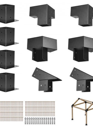 Pergola Kit, 4x4 Inch Pointed-Roof Pergola Brackets for 3.5x3.5 In Lumbers in Actual Size, 3-Way / 4-Way Gazebo Bracket with Post Bases & Ridge Brackets for Outdoor Pergolas Gazebo Shed, 14 Pcs