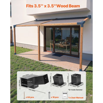 Pergola Kit, 4x4 Inch 3-Way Slanted Brackets for 3.5x3.5 Inch Wood Beams in Actual Size, 2-Pack Pergola Brackets with 2 Post Bases and 2 Wall Mount Bases, for Outdoor Pergolas, Gazebos, Sheds