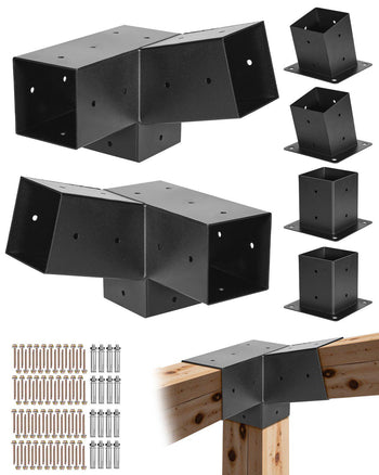Pergola Kit, 4x4 Inch 3-Way Slanted Brackets for 3.5x3.5 Inch Wood Beams in Actual Size, 2-Pack Pergola Brackets with 2 Post Bases and 2 Wall Mount Bases, for Outdoor Pergolas, Gazebos, Sheds