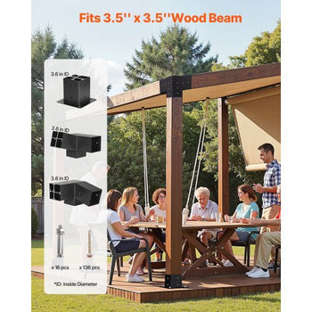 Pergola Kit, 4x4 Inch 3-Way Slanted Bracket for 3.5x3.5 Inch Wood Beams in Actual Size, Carbon Steel Pergola Bracket with Screws and Post Bases, for Outdoor Wood Pergolas, Gazebos, Sheds, 8 Pcs