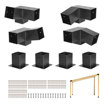 Pergola Kit, 4x4 Inch 3-Way Slanted Bracket for 3.5x3.5 Inch Wood Beams in Actual Size, Carbon Steel Pergola Bracket with Screws and Post Bases, for Outdoor Wood Pergolas, Gazebos, Sheds, 8 Pcs