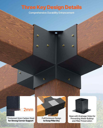 Pergola Bracket Kit, 4x4 Inch (Inner Size 3.5x3.5), 2 Pcs 4-Way Heavy Duty Corner Bracket Woodworks DIY Post Base Kit, Easy Installation Wooden Beams for Gazebos, Patio Pergolas, Log Cabin