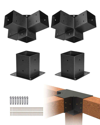 Pergola Bracket Kit, 4x4 Inch (Inner Size 3.5x3.5), 2 Pcs 4-Way Heavy Duty Corner Bracket Woodworks DIY Post Base Kit, Easy Installation Wooden Beams for Gazebos, Patio Pergolas, Log Cabin