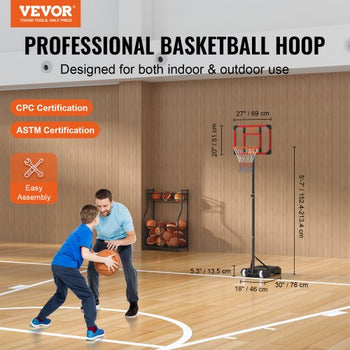 Basketball Hoop, 5-7 ft Adjustable Height Portable Backboard System, 28 inch Basketball Hoop & Goal, Kids & Adults Basketball Set with Wheels, Stand, and Fillable Base, for Outdoor/Indoor
