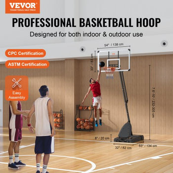 Basketball Hoop, 7.6-10 ft Adjustable Height Portable Backboard System, 54 inch Basketball Hoop & Goal, Kids & Adults Basketball Set with Wheels, Stand, and Fillable Base, for Outdoor/Indoor