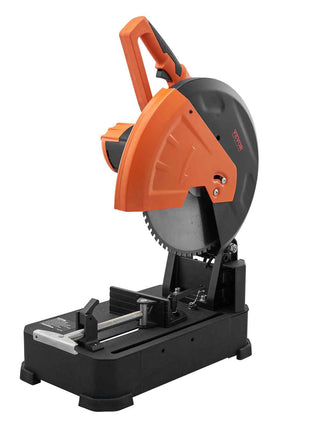 Orange and black electric miter saw with a sturdy base and adjustable cutting angle for precise woodwork.