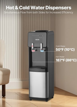Top Loading Water Cooler Dispenser, Hot and Cold Water Dispenser for 3 or 5 Gallons Bottles, Sturdy Stainless Steel and Child Security Lock, Ideal for Homes, Kitchens, Offices, Dorms, Black