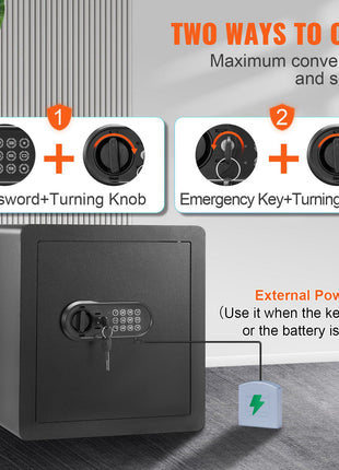 Black steel digital safe with password and turning knob, includes emergency key and external power box option.