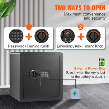 Black steel digital safe with password and turning knob, includes emergency key and external power box option.