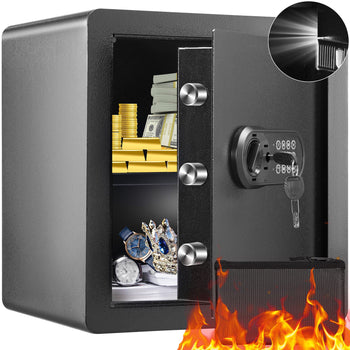 Black fireproof safe with electronic lock, featuring gold bars, cash, and jewelry inside. Durable steel construction.