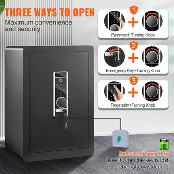 Black fingerprint safe with keypad, emergency key access, turning knob, and external power box option for security.