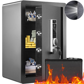 Black fireproof safe with digital keypad, interior shelves, and stylish design, ideal for securing valuables and cash.