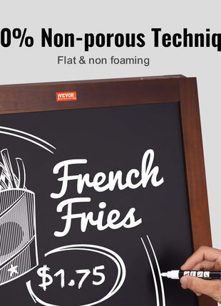 Brown wooden framed chalkboard with non-porous surface, featuring white lettering for "French Fries" priced at $1.75.