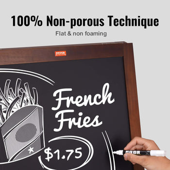 Brown wooden framed chalkboard with non-porous surface, featuring white lettering for "French Fries" priced at $1.75.