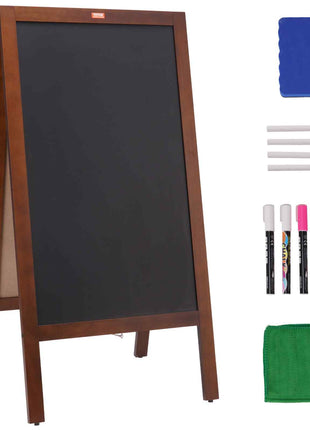 Wooden A-frame black chalkboard, includes markers, eraser, chalk, and cleaning cloth, perfect for display and teaching.