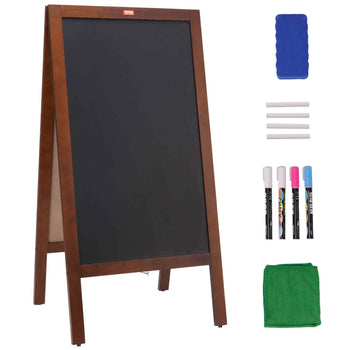 Wooden A-frame black chalkboard, includes markers, eraser, chalk, and cleaning cloth, perfect for display and teaching.