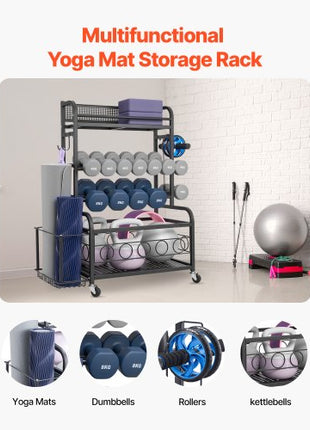Yoga Mat Storage Rack, Home Gym Workout Equipment Organizer, Powder Coated Finish Steel Yoga Mat Holder with Hooks & Wheels, Weight Rack for Dumbbell, Kettlebell, Foam Roller, and Yoga Strap