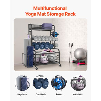 Yoga Mat Storage Rack, Home Gym Workout Equipment Organizer, Powder Coated Finish Steel Yoga Mat Holder with Hooks & Wheels, Weight Rack for Dumbbell, Kettlebell, Foam Roller, and Yoga Strap