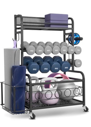 Yoga Mat Storage Rack, Home Gym Workout Equipment Organizer, Powder Coated Finish Steel Yoga Mat Holder with Hooks & Wheels, Weight Rack for Dumbbell, Kettlebell, Foam Roller, and Yoga Strap