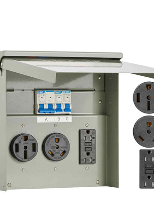 Temporary Power Outlet Panel, 20 30 50 Amp, RV EV Electrical Outlet Panel, with NEMA 50 Amp NEMA 30 Amp GFCI 20 Amp Receptacle Installed, Pre-Wired IP54 Weatherproof Box, for RV Camper Motorhome